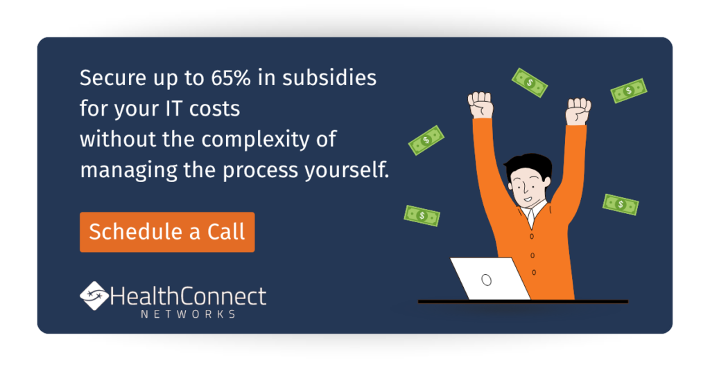 CTA graphic about Healthcare Connect Fund subsidies with text “Secure up to 65% in IT cost subsidies” and schedule a call button